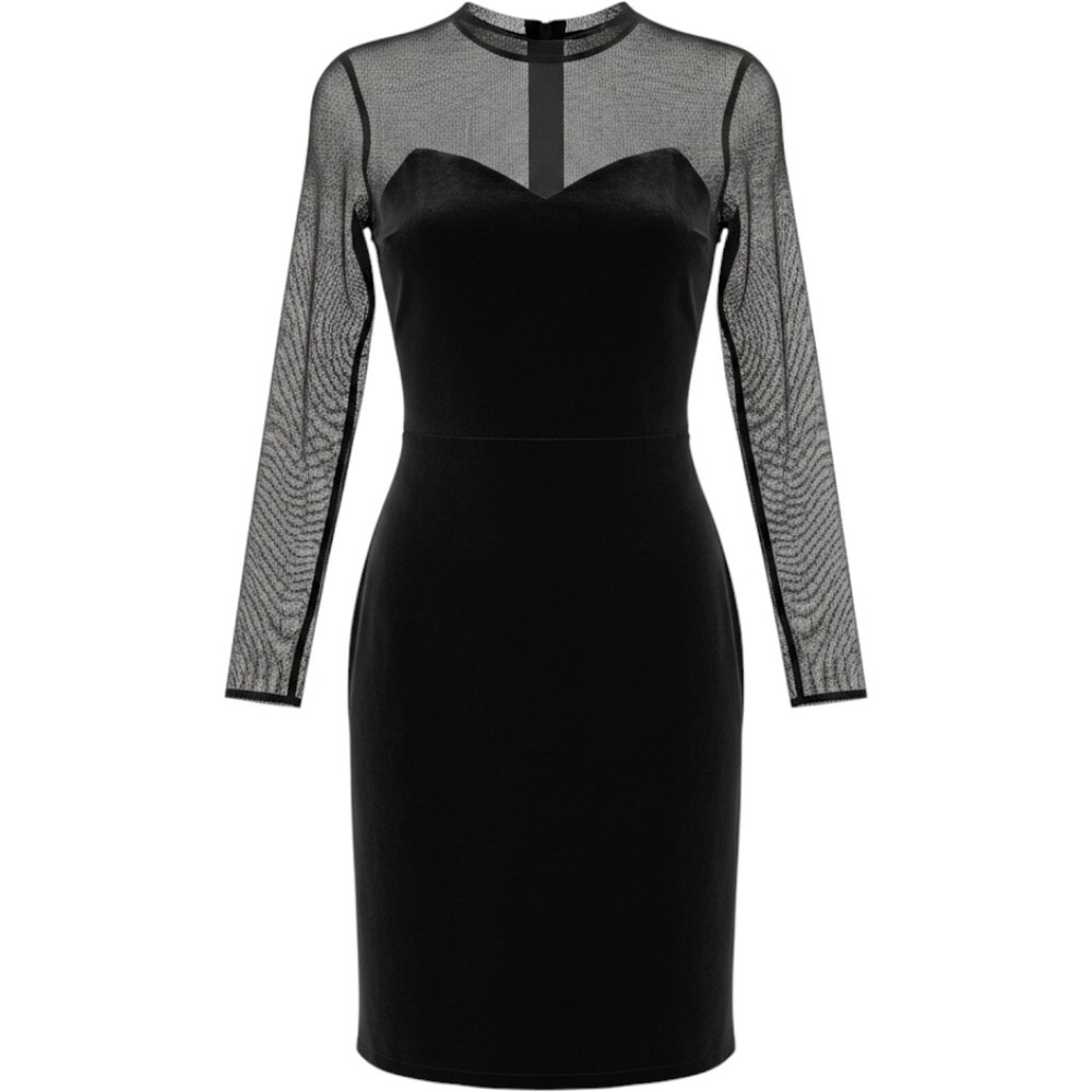 Vintage Niki Velvet Mesh Panel Dress Women Black Sheer Long Sleeve Cocktail Goth